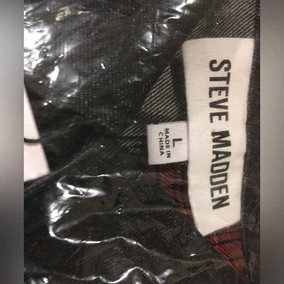 STEVE MADDEN GRUNGE RED & BLACK BUTTON DOWN SHIRT/JACKET DENIM/FLANNEL MIX PLAI… - Picture 4 of 11
